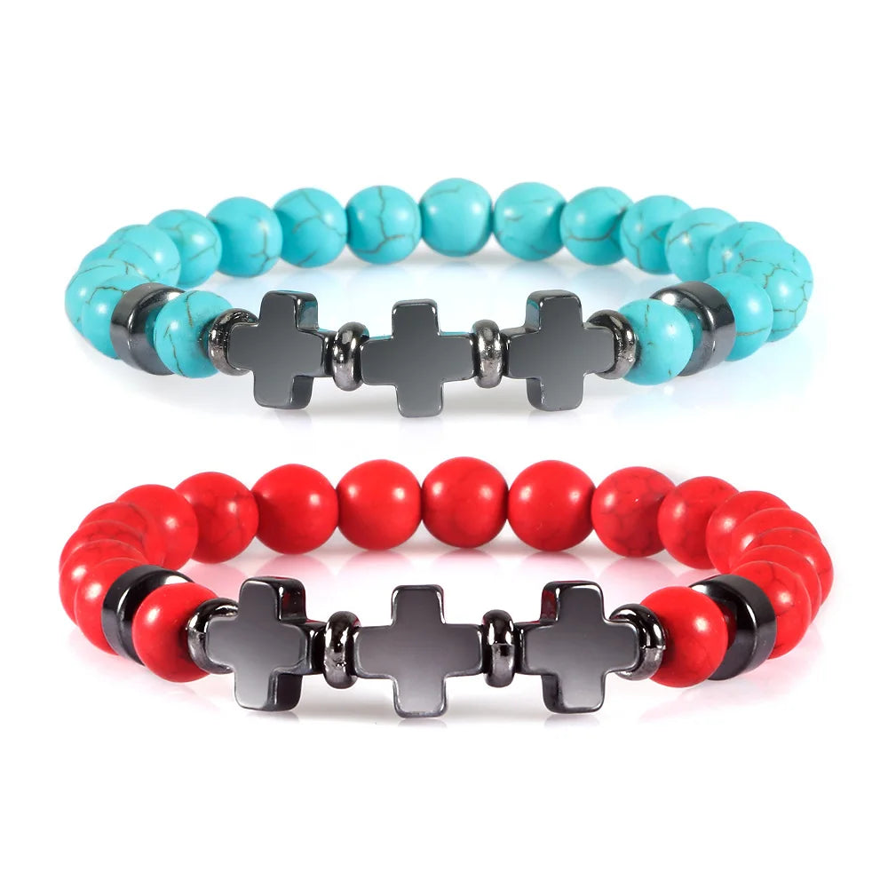 8mm Natural Stone Beaded Hematite Cross Elastic Bracelet ST252
