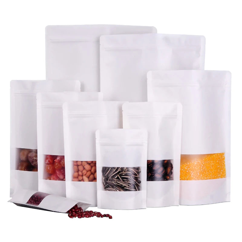 White Kraft Doypack Stand up Bag with Window with Zipper Manufacturer for Food Rice Nuts Flour