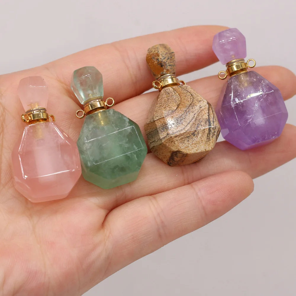 Hongzhuo Hot Sale Mini Natural Gem Stone Perfume Bottle Faceted Shape Necklace Oil Pendant Necklace