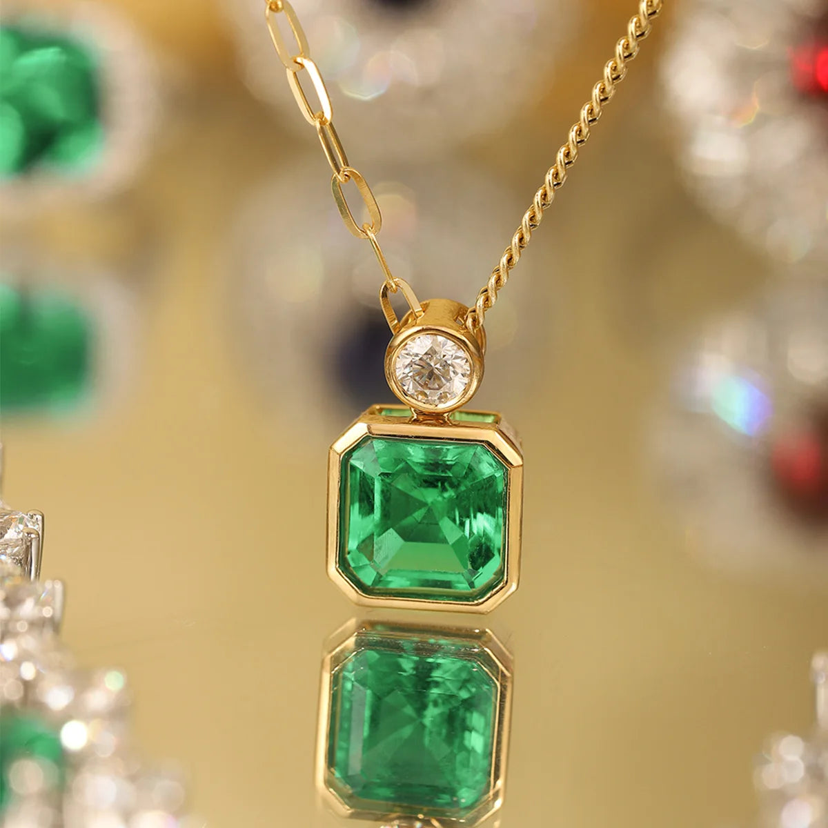 ANSTER Custom 18K Pure Gold Necklace for Women Asscher Cut Lab Grown Emerald Pendant with Rhodium Plated Chain for Wedding