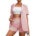 Women's Casual Solid Two-Piece Work Suit Set with V-Neck Blazer Above Knee Shorts Spandex/Polyester Material