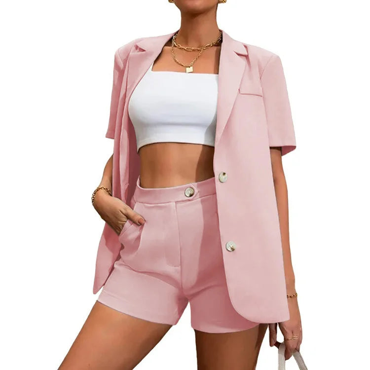 Women's Casual Solid Two-Piece Work Suit Set with V-Neck Blazer Above Knee Shorts Spandex/Polyester Material
