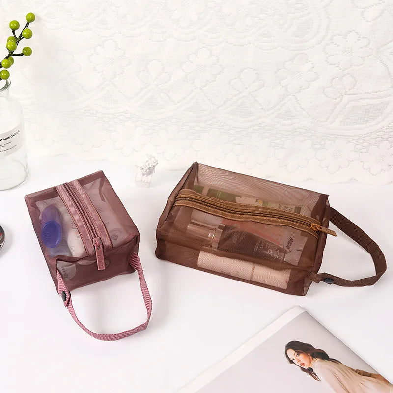 Wholesales Custom logo Nylon Mesh Small Large See-through Makeup Cosmetic Bag Travel Kits