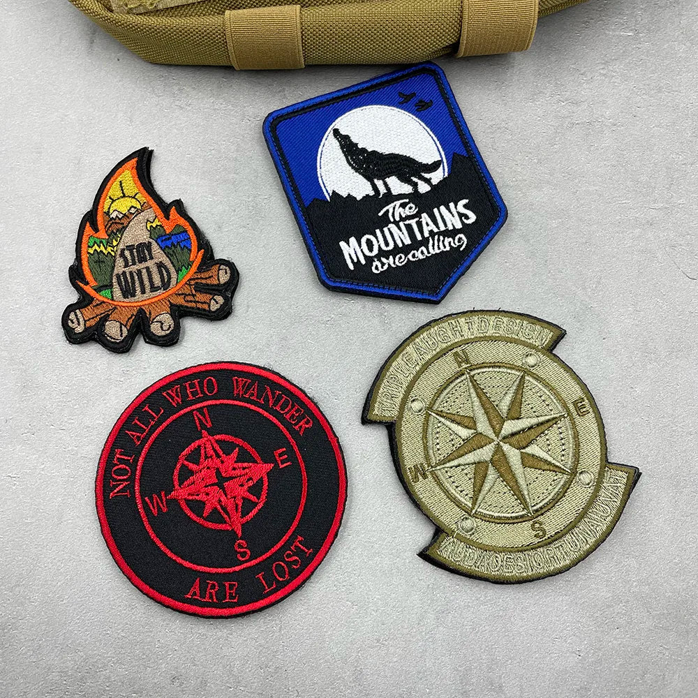 Customized Embroidered Patches Outdoor Camping Compass Bonfire Fabric for Clothing Hats Bags Decorations