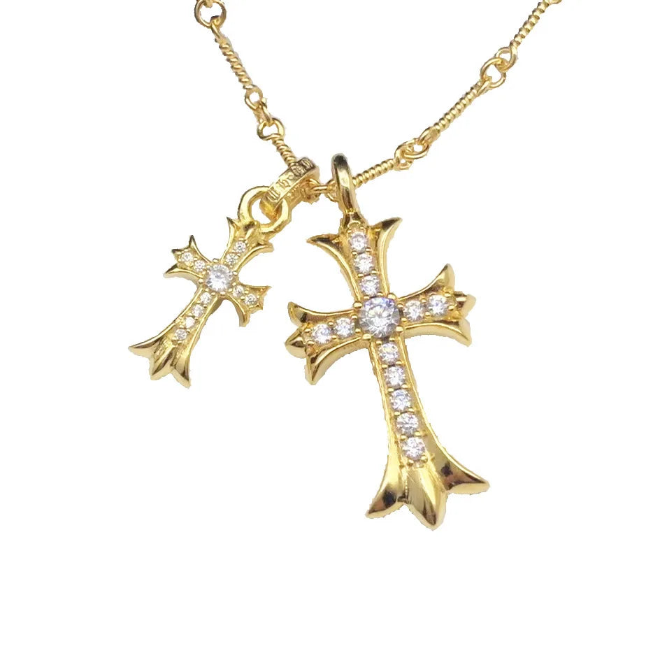 Hip Hop Personality Double Cross 925 Sterling Silver Inlaid Cubic Zirconia Religious Faith Necklaces for Men and Women