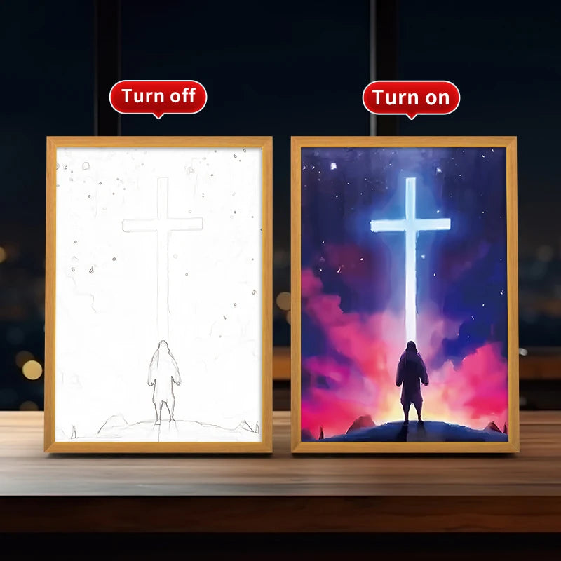 Hot Selling Jesus Christ LED Painting on Wood Frames Abstract Pattern Religious Artwork for Hanging on Wooden Photo Frames