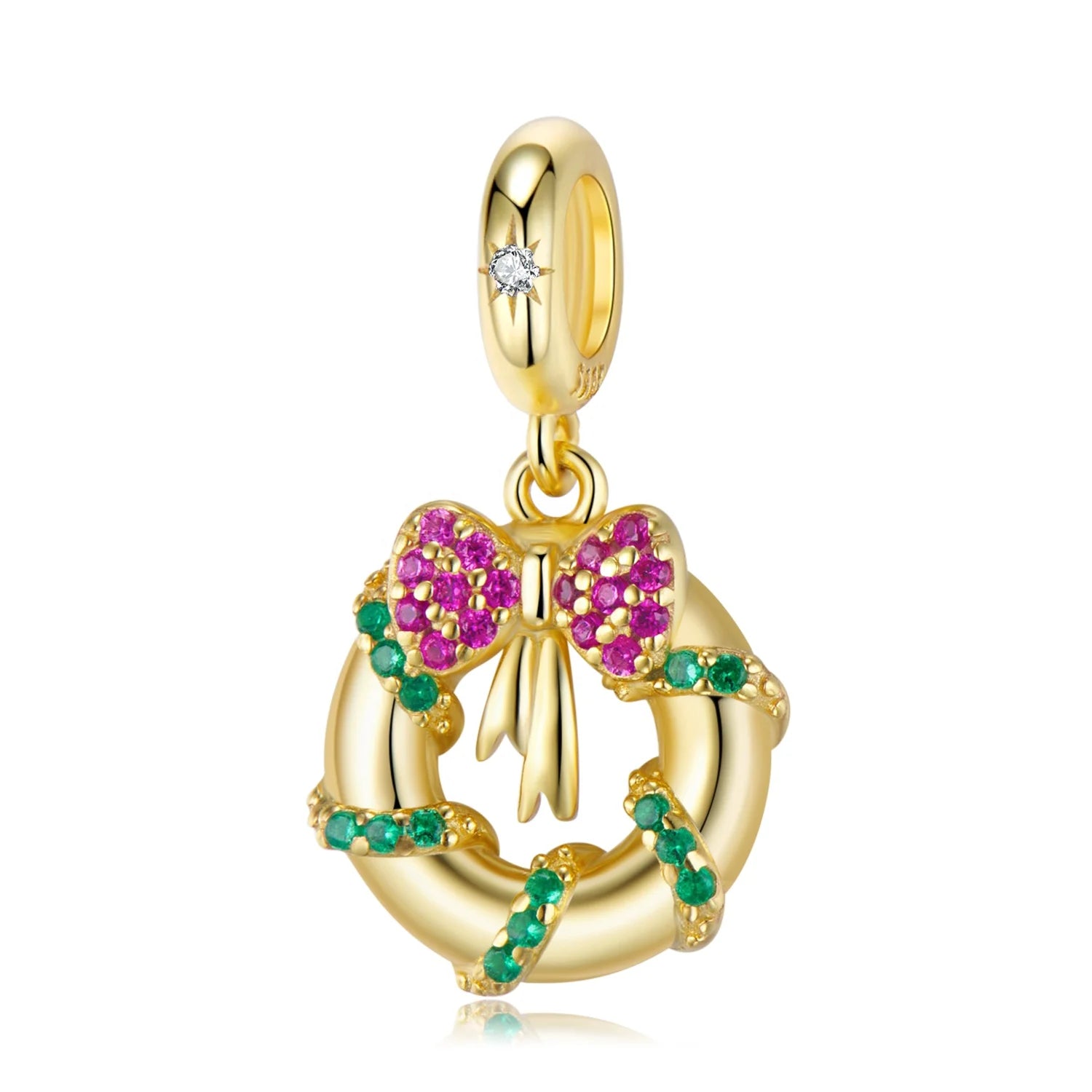 Christmas Bow Garland Pendant with Zircon Charm 925 Sterling Sliver Bead Gold Plated Fit Women Bracelet Necklace Jewelry Gift
