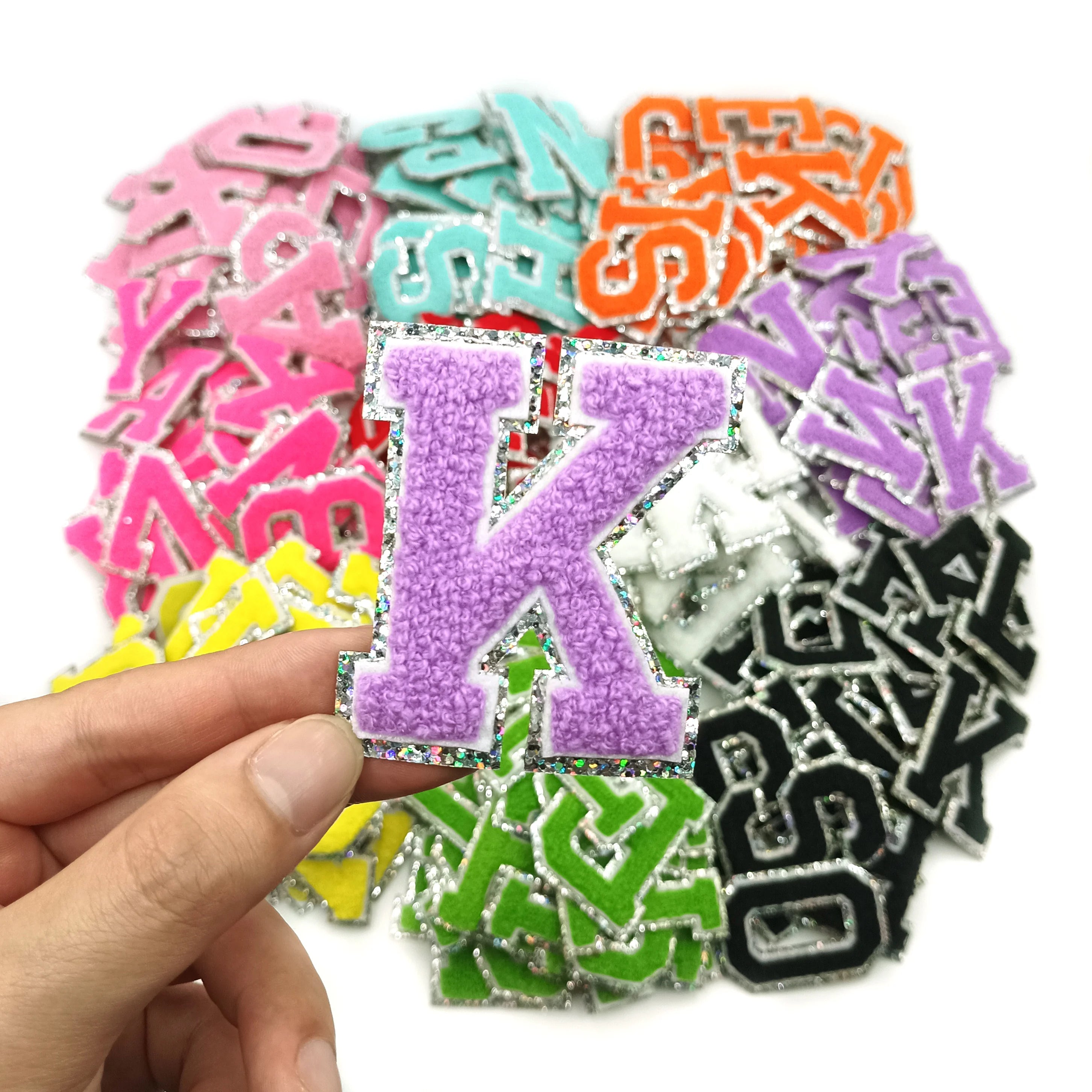 New Silver Edge Purple Chenille 6.5cm Glitter Bling Embroidered Iron-On Purple Letter Patches for Caps