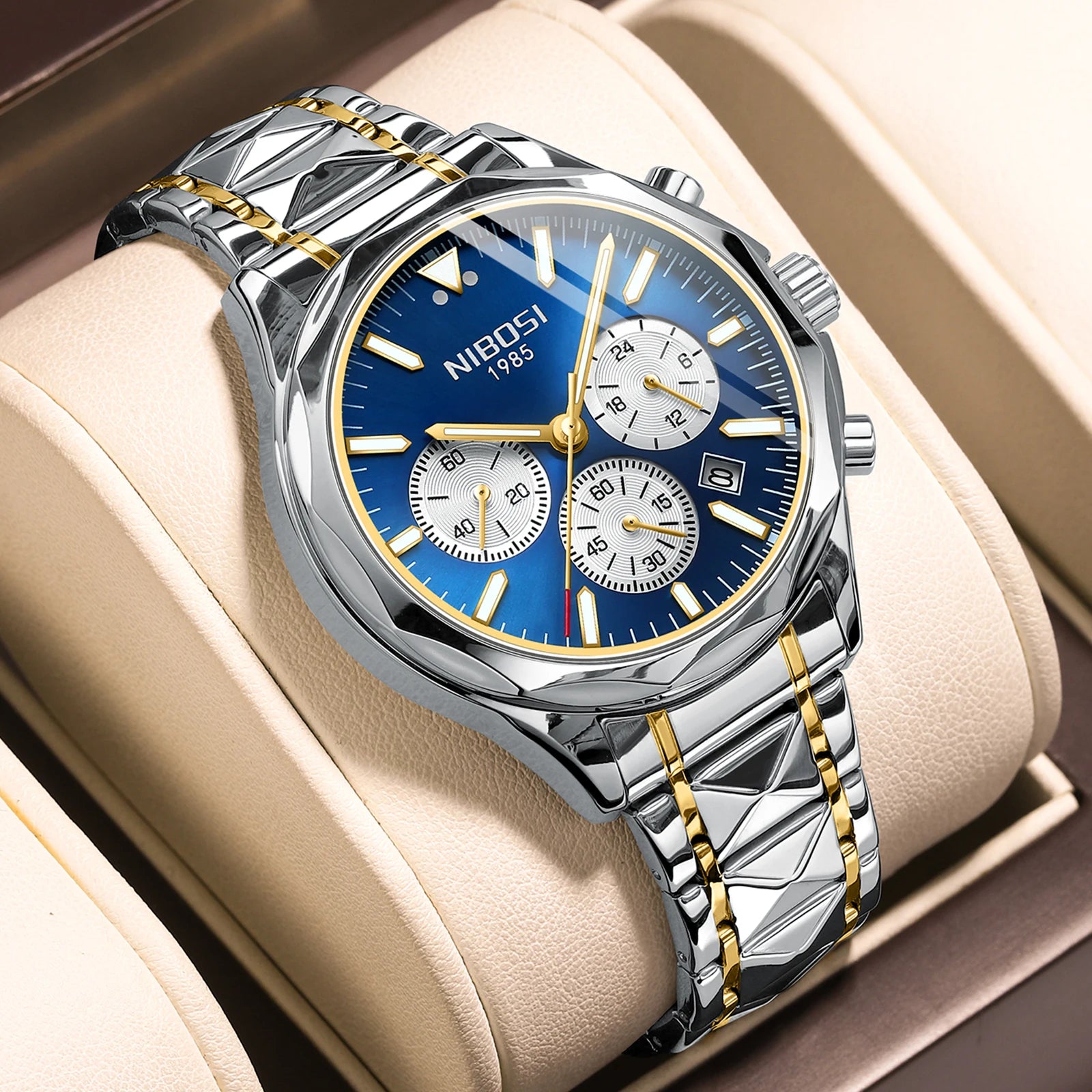 NIBOSI 2608 Six-pin Sport Chronograph Men's Watches Stainless Steel Band Wristwatch Luminous Pointers Waterproof Quartz Watches