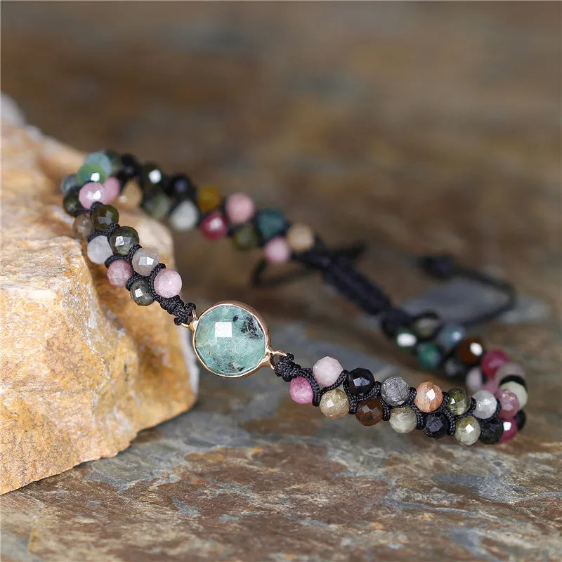 YueTong Bohemian 4mm Tourmaline Beads Macrame Bracelet  Natural Stones Braided Bracelet Handmade Adjustable Women Jewelry