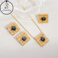 Black Stone Jewelry Girl  Square Shaped Gold Plated Stainless Steel Sales Factory Element Women Design Necklace Set