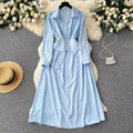 One Size Retro Style High-end Floral Midi Woven V-neck Long Sleeve Empire Waist Waist Cinched A-line Large Hem Shirt Dress