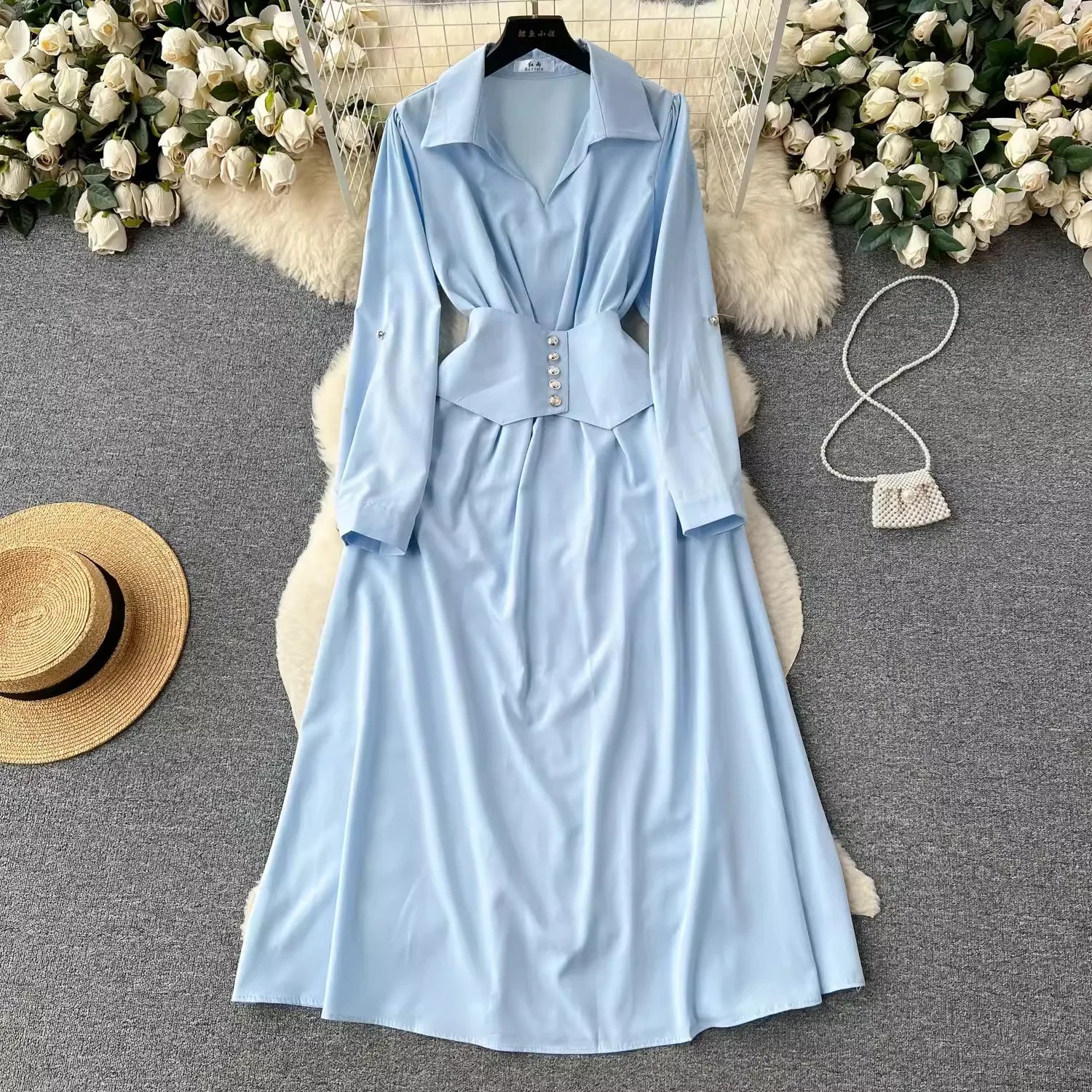 One Size Retro Style High-end Floral Midi Woven V-neck Long Sleeve Empire Waist Waist Cinched A-line Large Hem Shirt Dress