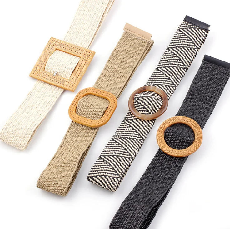 Wholesale Fashion Wide Waist Bohemia Boho PP Straw Woven Elastic Stretch Belt for Women Dress With Plastic Resin Buckle