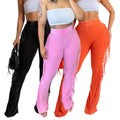 Washed Cotton Stretch Flared Long Pants With Fringe Hem