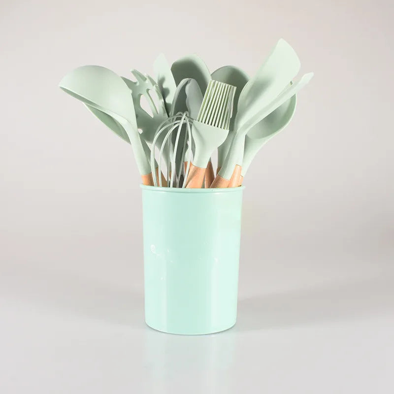12-Piece Kitchen Cooking Silicone Utensils Set With Holder Wooden Handle Kitchen Tools With Silicone Spatula Tong Spoon Turner