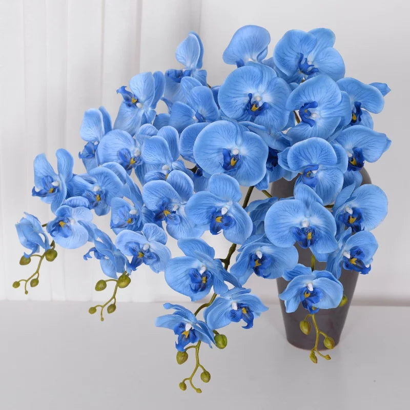 Hot Selling 3D Blue Orchid 9 Heads Latex Artificial Blue  Dendrobium Orchids Flowers