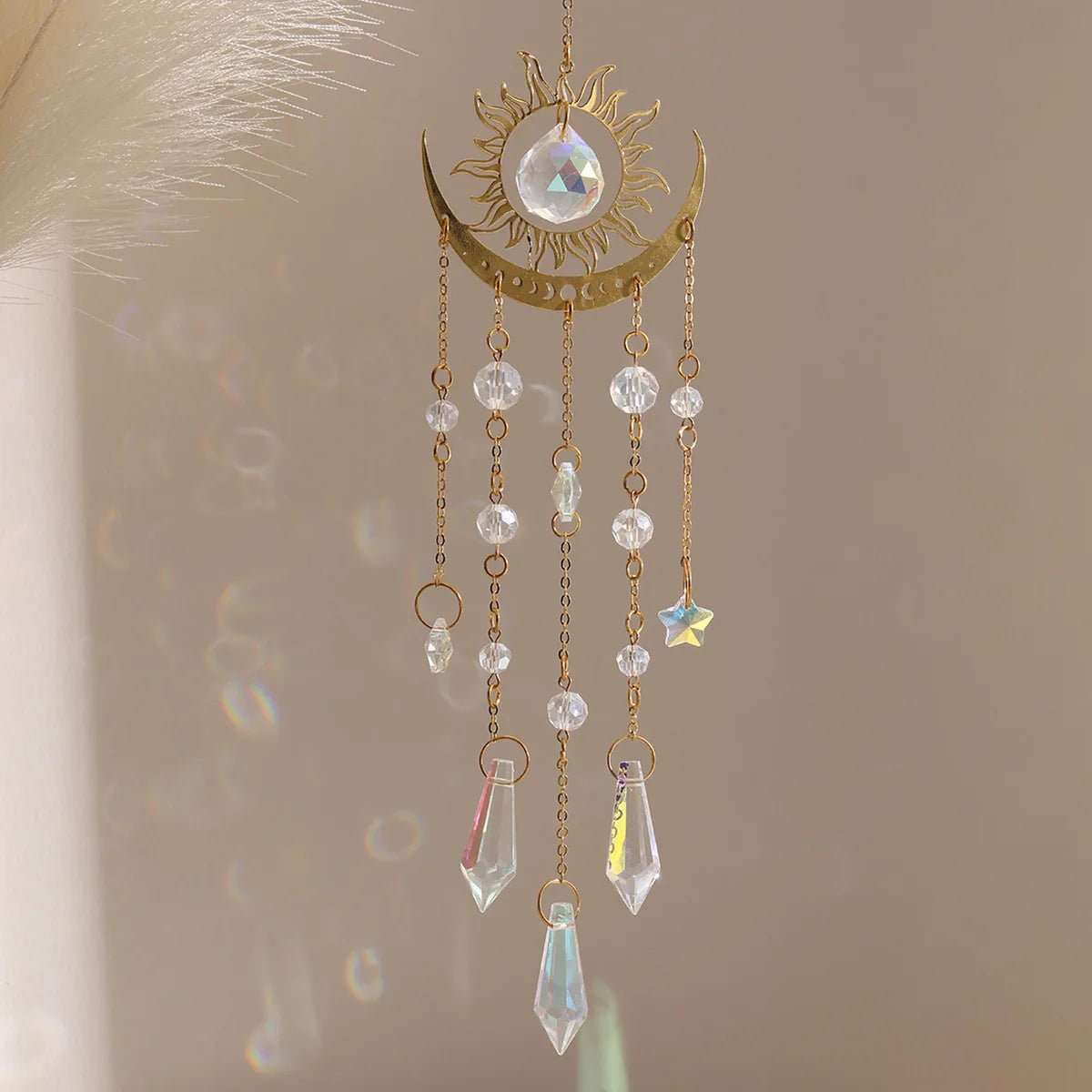 Sun Moon Suncatcher Crystal Wind Chimes for Stained Glass Window Hanging Prisms Garden Decor Housewarming Gift-Liktwind Rainbow