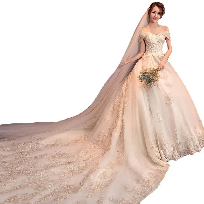 High Luxury Design Long Long Train Off-shoulder Wedding Dresses Modest Wedding Gown for Women