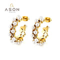 Ason Fashion Designer 18k Gold Plated Stainless Steel Waterproof Jewelry C Stud Earrings Women Pearl Hoop Earrings for Gift
