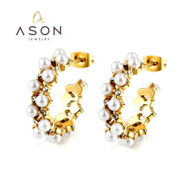 Ason Fashion Designer 18k Gold Plated Stainless Steel Waterproof Jewelry C Stud Earrings Women Pearl Hoop Earrings for Gift