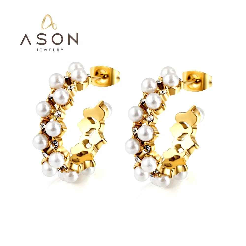 Ason Fashion Designer 18k Gold Plated Stainless Steel Waterproof Jewelry C Stud Earrings Women Pearl Hoop Earrings for Gift