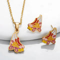Gold Plated Stainless Steel Jewelry Set Fashion Enameled Roller Skating Shoes Necklace and Earring for Wedding or Gift
