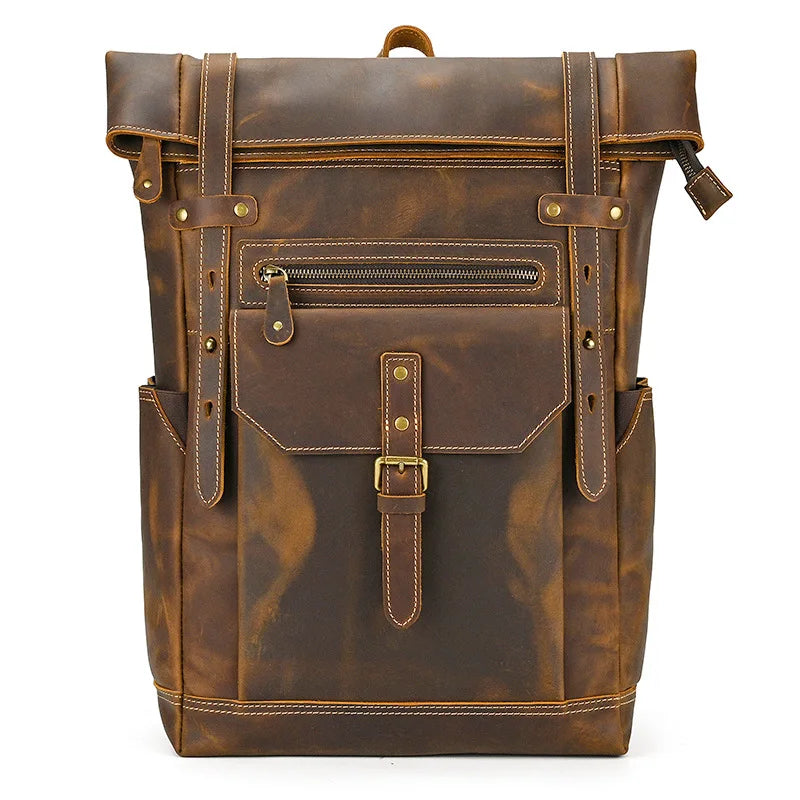 Popular Retro Men's Backpack Crazy Horse Leather Student School Bag Large Capacity Leather Backpack