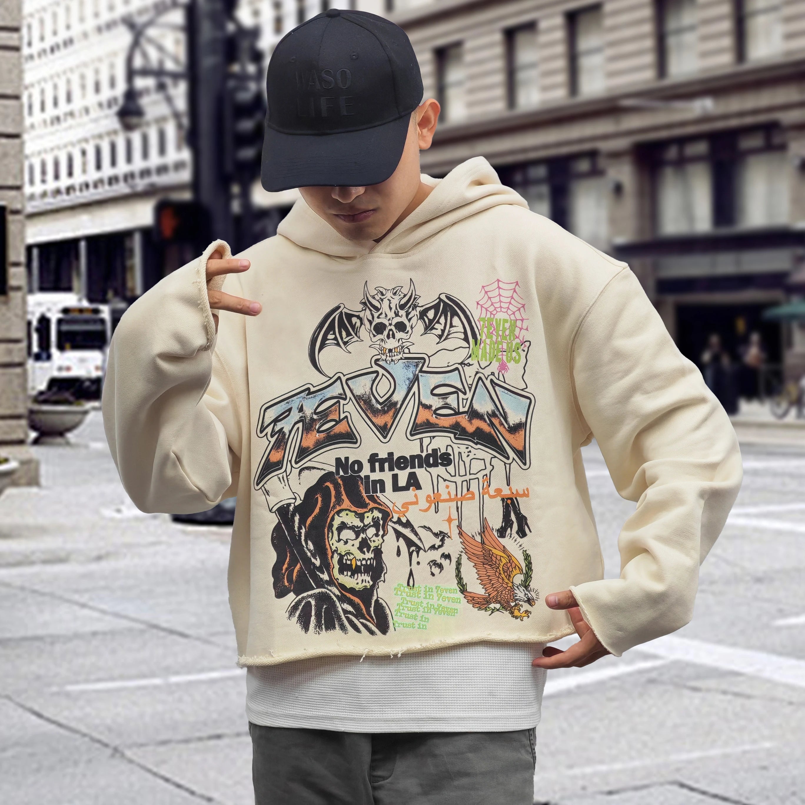 High Quality Custom Cotton Cropped Raw Hem Hoodies DTG Printing Hoodies Heavyweight Raw Hem Vintage Hoodie Men