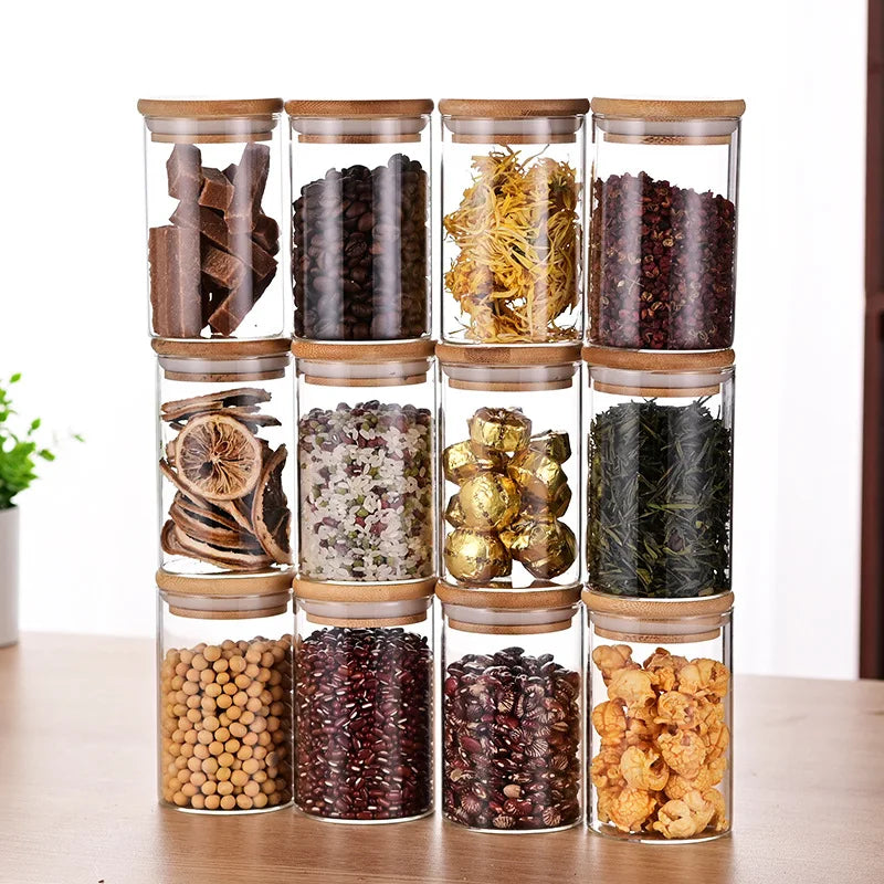 12 Set with Bamboo Airtight Lids and Labels Food Cereal Storage Large Spice Containers for Home Kitchen Tea Coffee