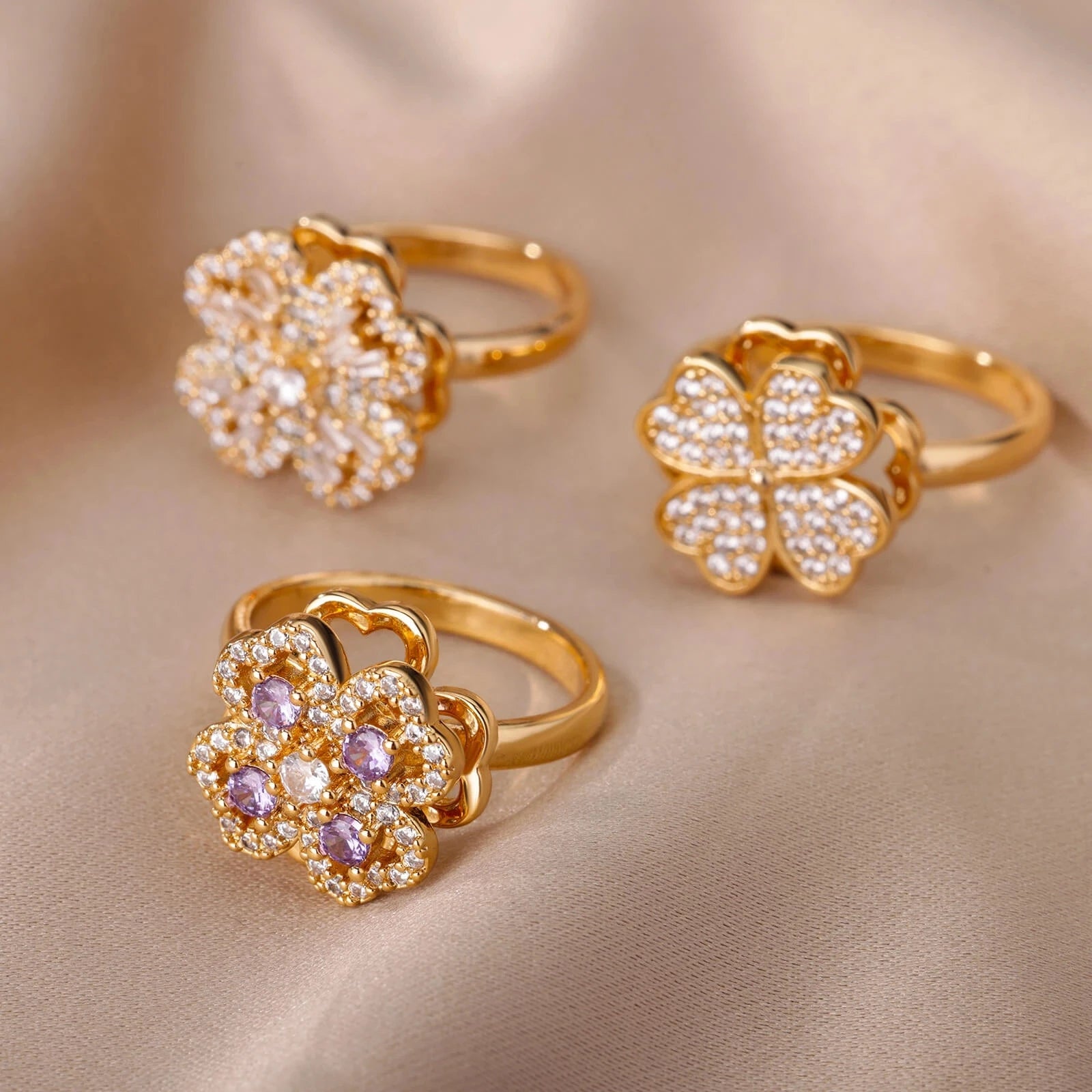 YWXS Wholesale Fine Zircon Flower Anxiety Fidget Spinner Jewelry Rings Adjustable Opening Anti Stress Designer Ring for Women