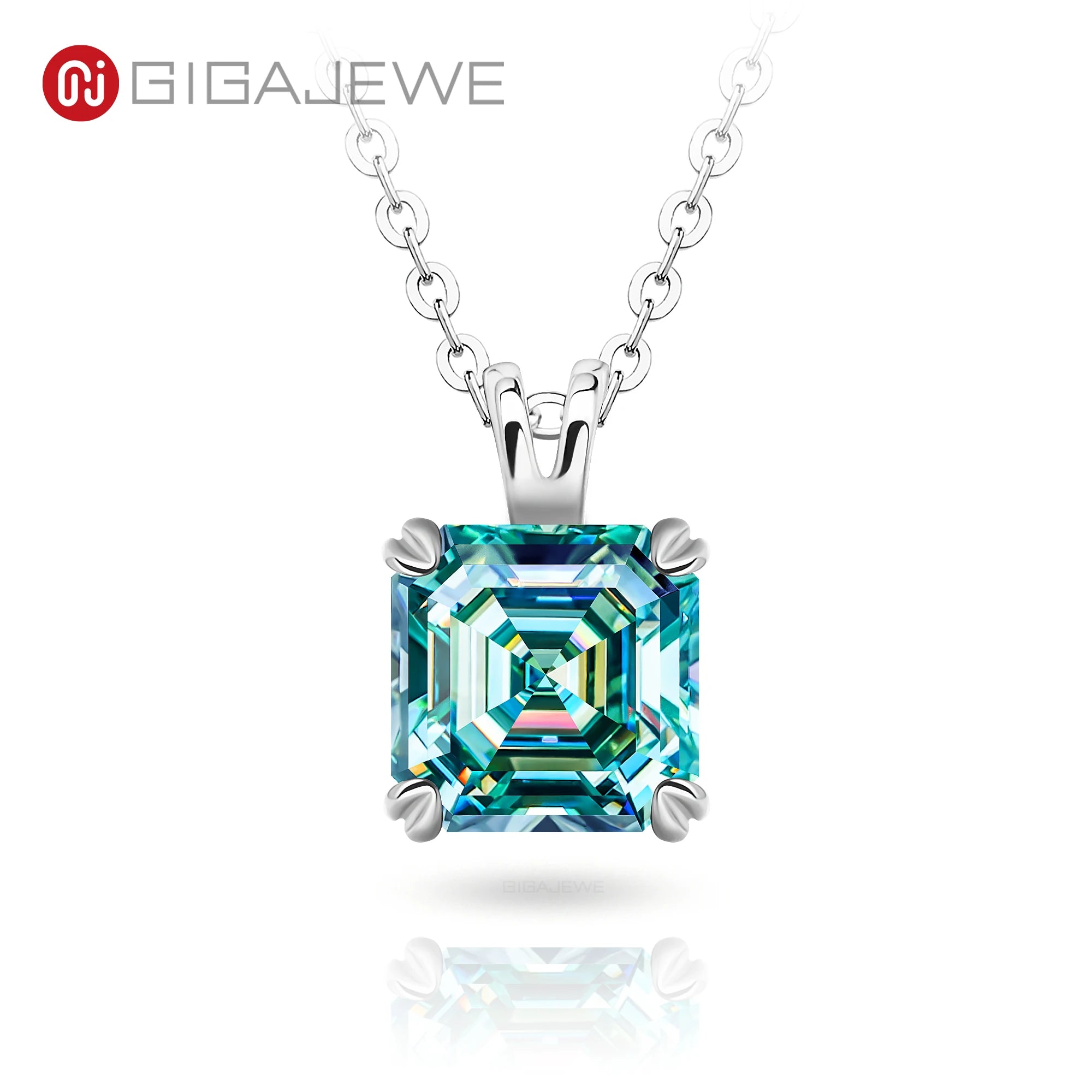 GIGAJEWE 7mm 2.0ct Cyan Color Asscher Cut Moissanite Silver 925 Plated with 18k Gold Pendant Necklace for Women Gift
