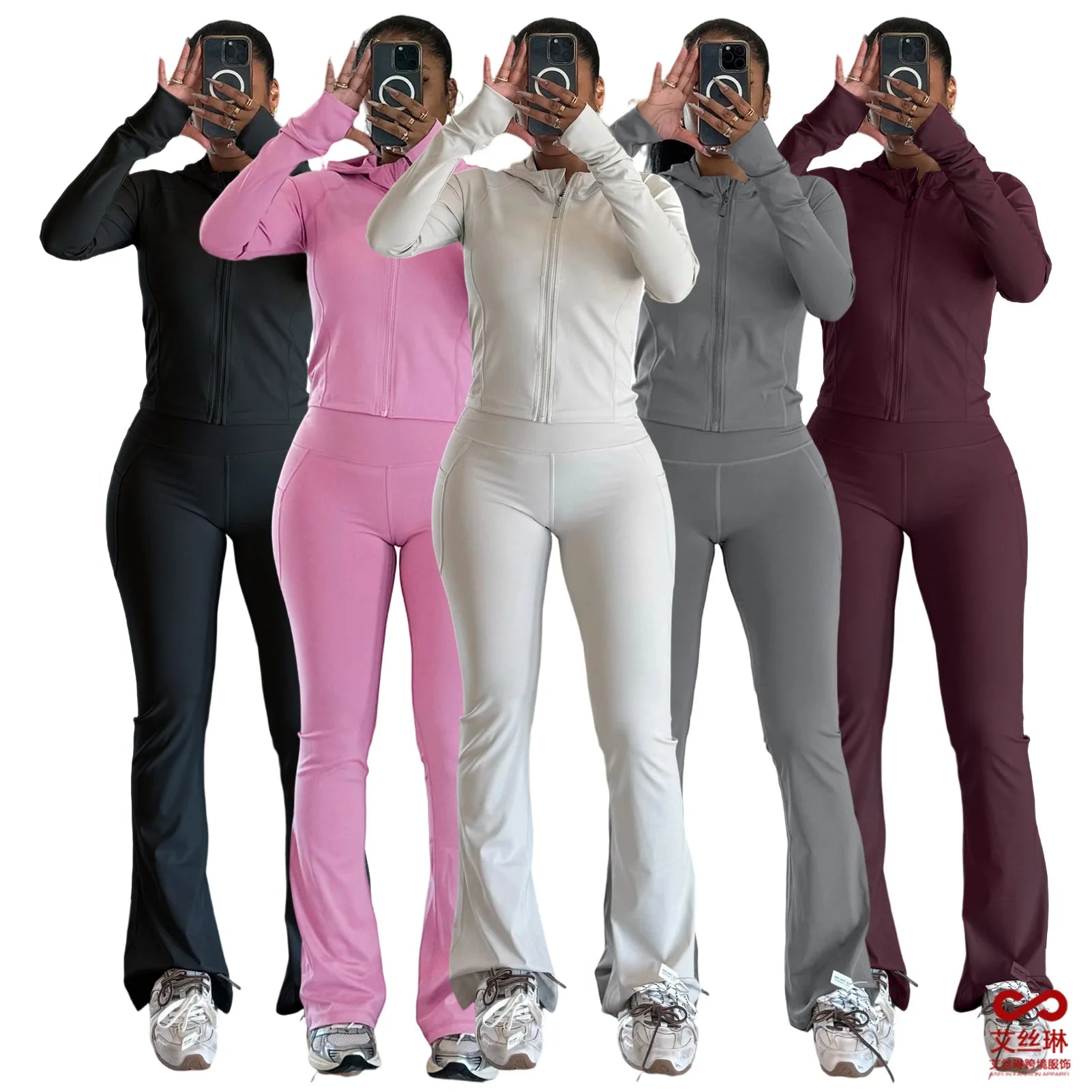 Autumn New Arrival Women Solid Color Casual Tracksuit Zippers Long Sleeve Hooded Top Long Pant Women Yoga Wear Set