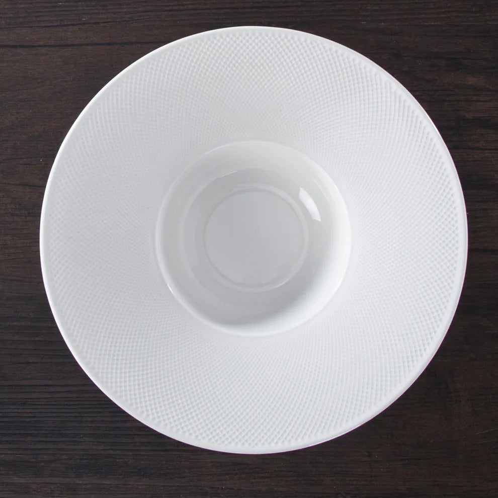 Chinaware Eco-Friendly Embossed Porcelain Wide Rim Pasta Bowl Dish & Plates for France Restaurant Italy Vajilla Platos