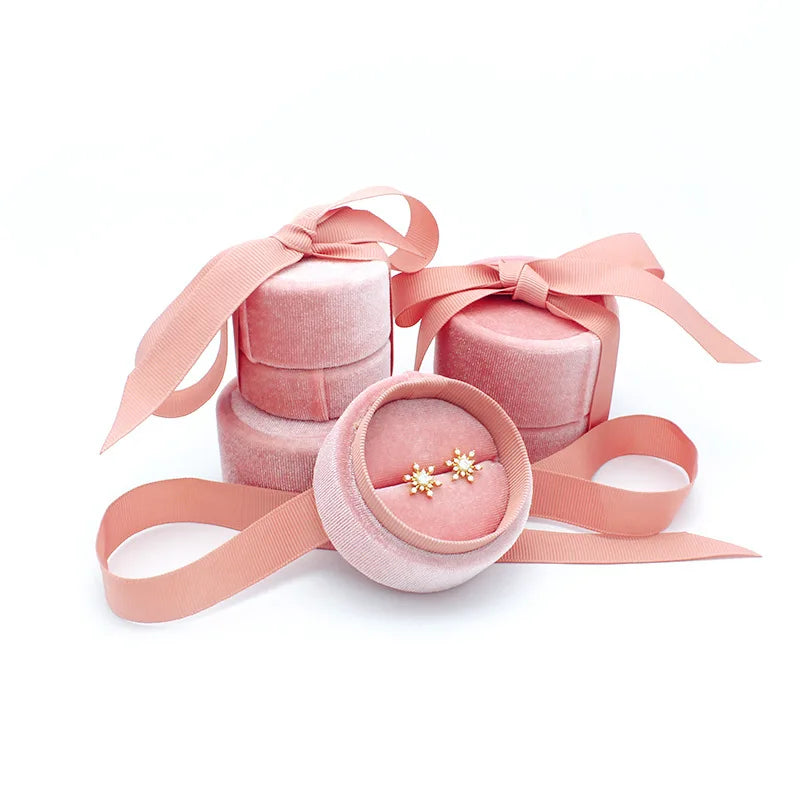 Hot Selling Lovely Corduroy Round Ring Necklace Earrings Box Custom logo Velvet Jewelry Gift Box with Ribbon