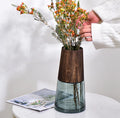 Simple Rustic Creative Wooden Barrel Transparent Cylinder Glass Vase for Living Room Dry Flower Arrangement