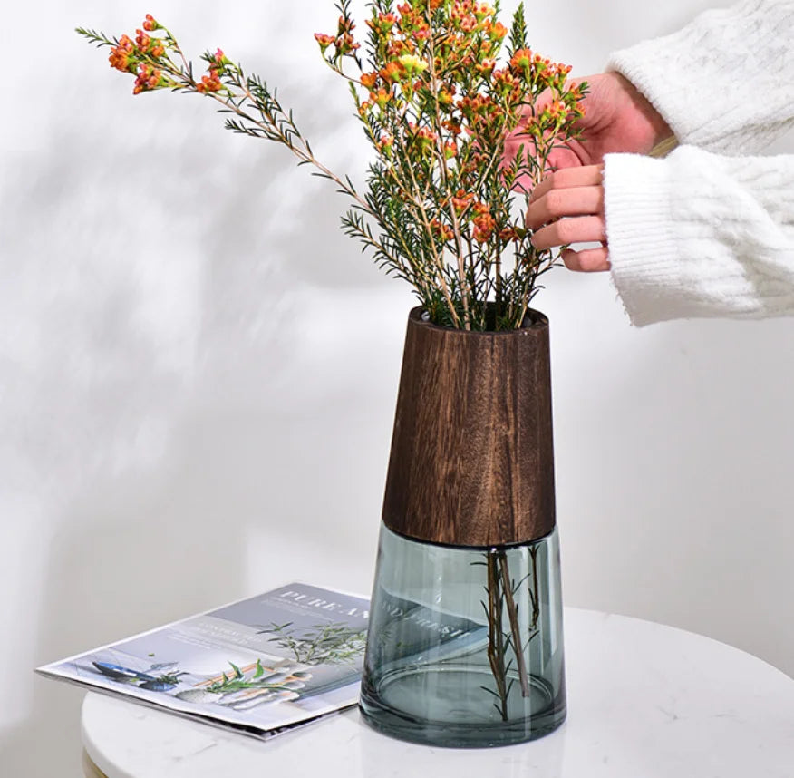 Simple Rustic Creative Wooden Barrel Transparent Cylinder Glass Vase for Living Room Dry Flower Arrangement