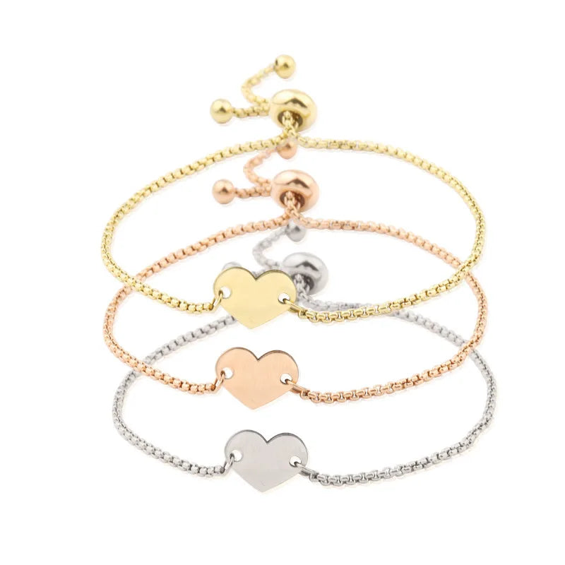 AA00314 Simple Fashion Elegant Adjustable Heart Stainless Steel Bracelet Blank Heart Charm Chain Bracelet Female Love Gift