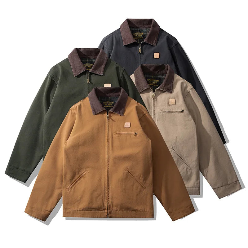 High Quality Men's Vintage Wool Winter Coat American Style Canvas Jacket Unique Corduroy Collar Pattern Decoration for