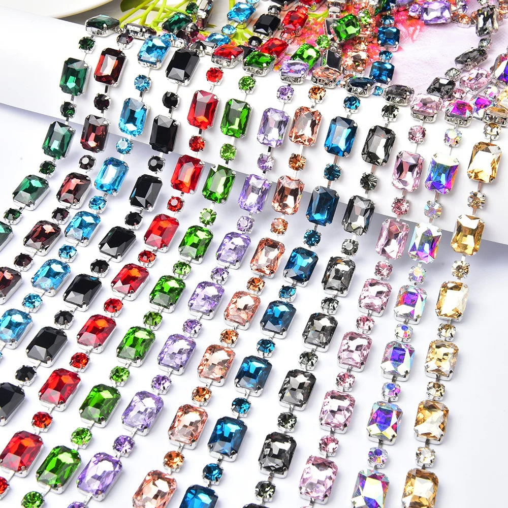 Colored Round Glass Crystal Metal Trimmings Bling Rectangle Rhinestone Chain Ribbon Diy Apparel Hats Shoes Jewelry Accessories