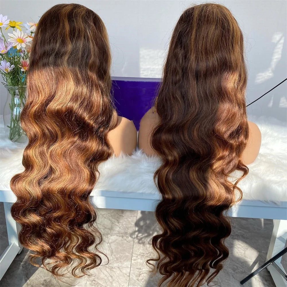 Wholesale Virgin Brazilian  High Density 13x4 Body Wave Highlight Colored Wigs Human Hair Transparent Lace Front Wig