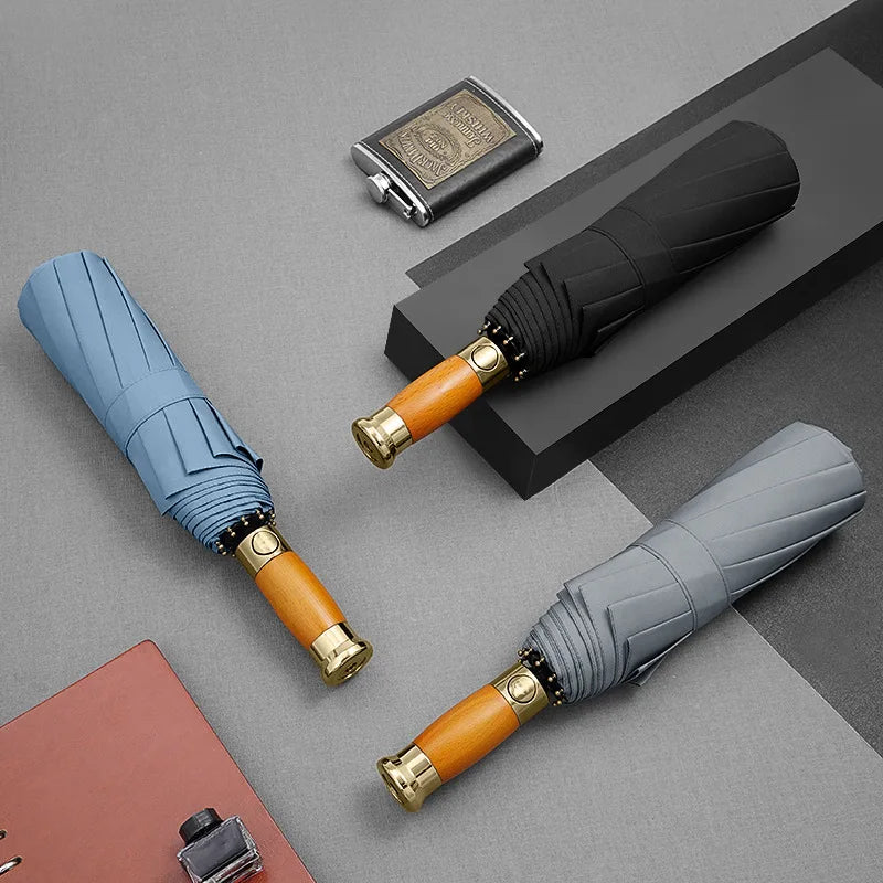 Single Good Quality Portable Windproof Small Automatic 10rib 3 Folding Umbrella With Wooden Handle