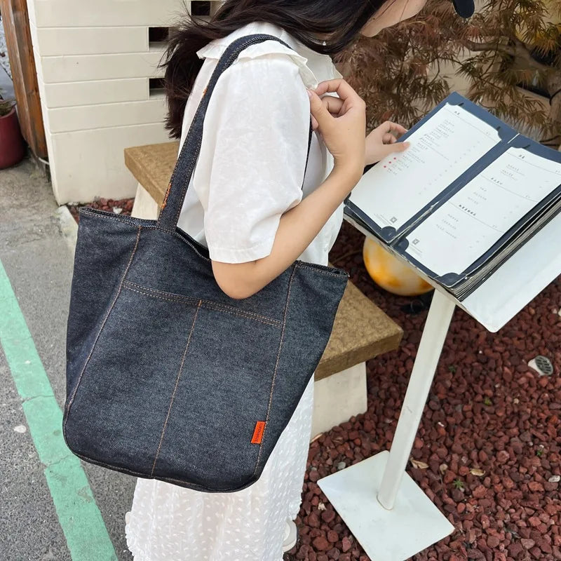 Portable High Capacity Women's Shoulder Tote Bags Casual Denim Cloth Ladies Shopping Bag Solid Colour Commute Female Handbags