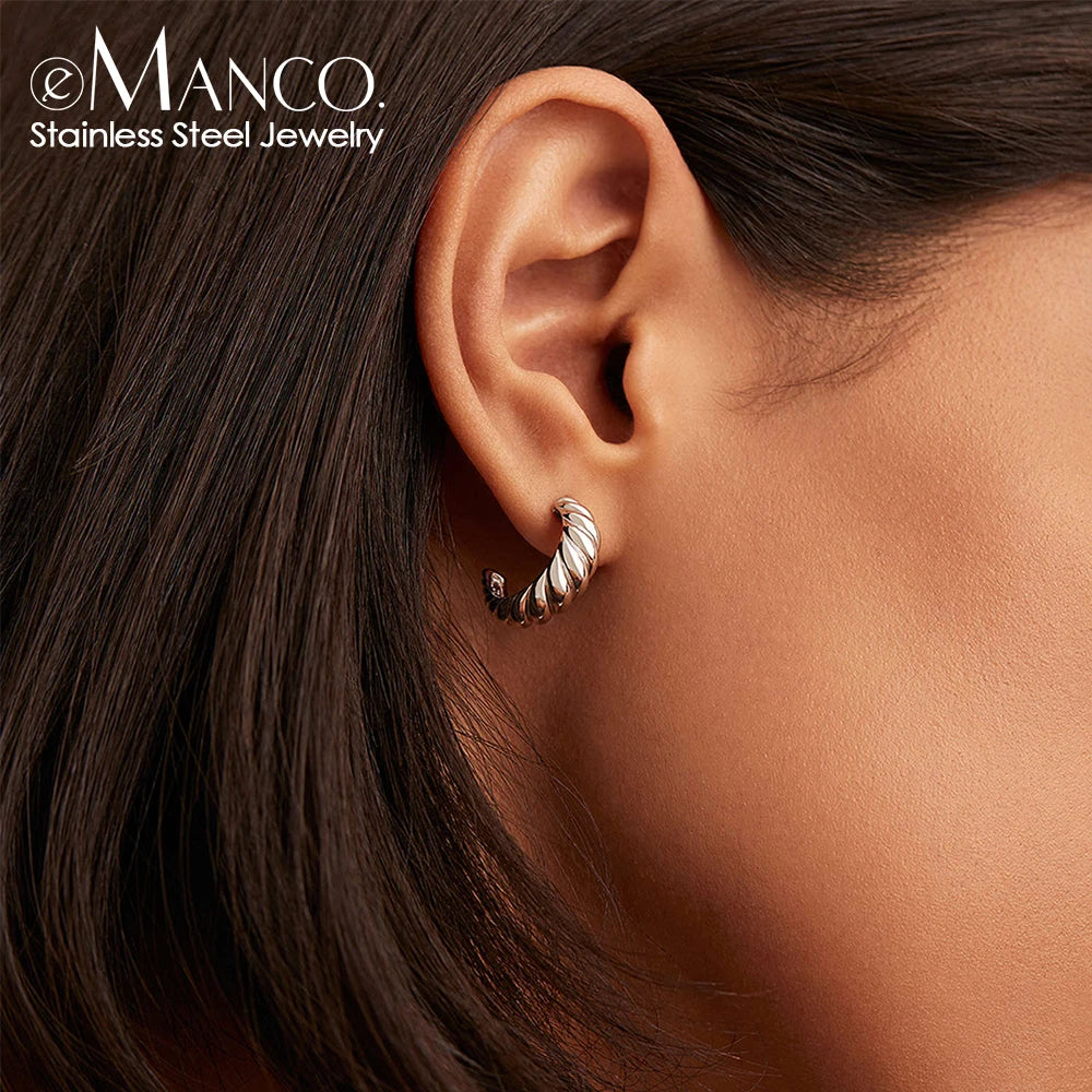 EManco Gold Color Stainless Steel Twisted Hoop Earrings for Women Bread Texture Simple Round Circle Earring Simple  Accessories