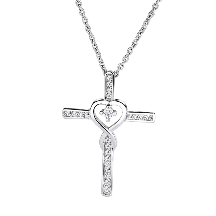 Fashion 925 Sterling Silver Heart Cross Shaped Diamond Pendant Necklace for Women