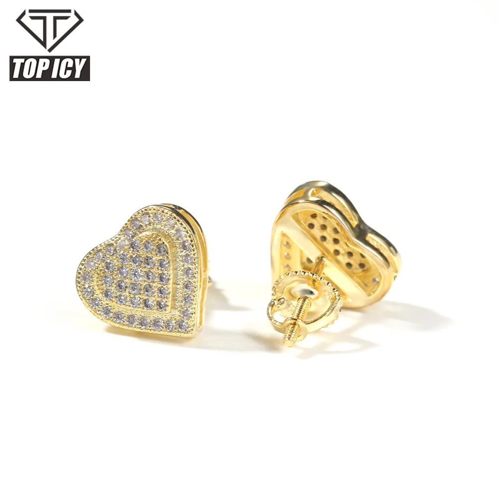 2021 Heart Earrings Gemstone Stud Earring for Women Hip Hop Crystal Studs Earrings for Men Cubic Zircon Bling Gold Plated