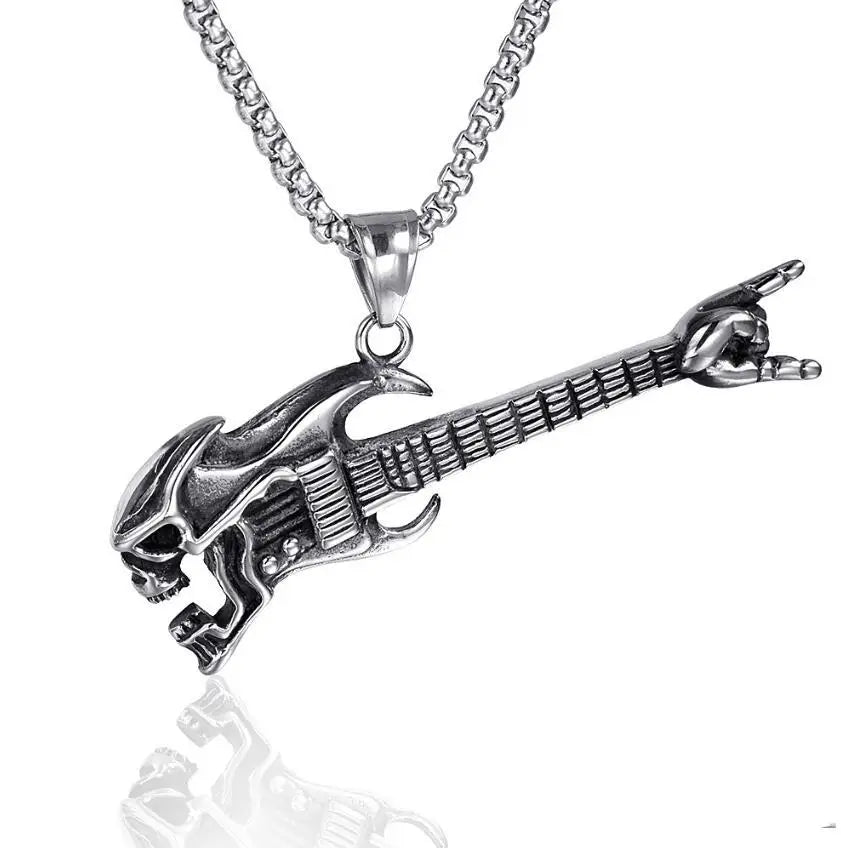Hip Hop Skeleton Bass Guitar Gesture Necklace Men's Retro Music Personalized Instrument Stainless Steel Necklace