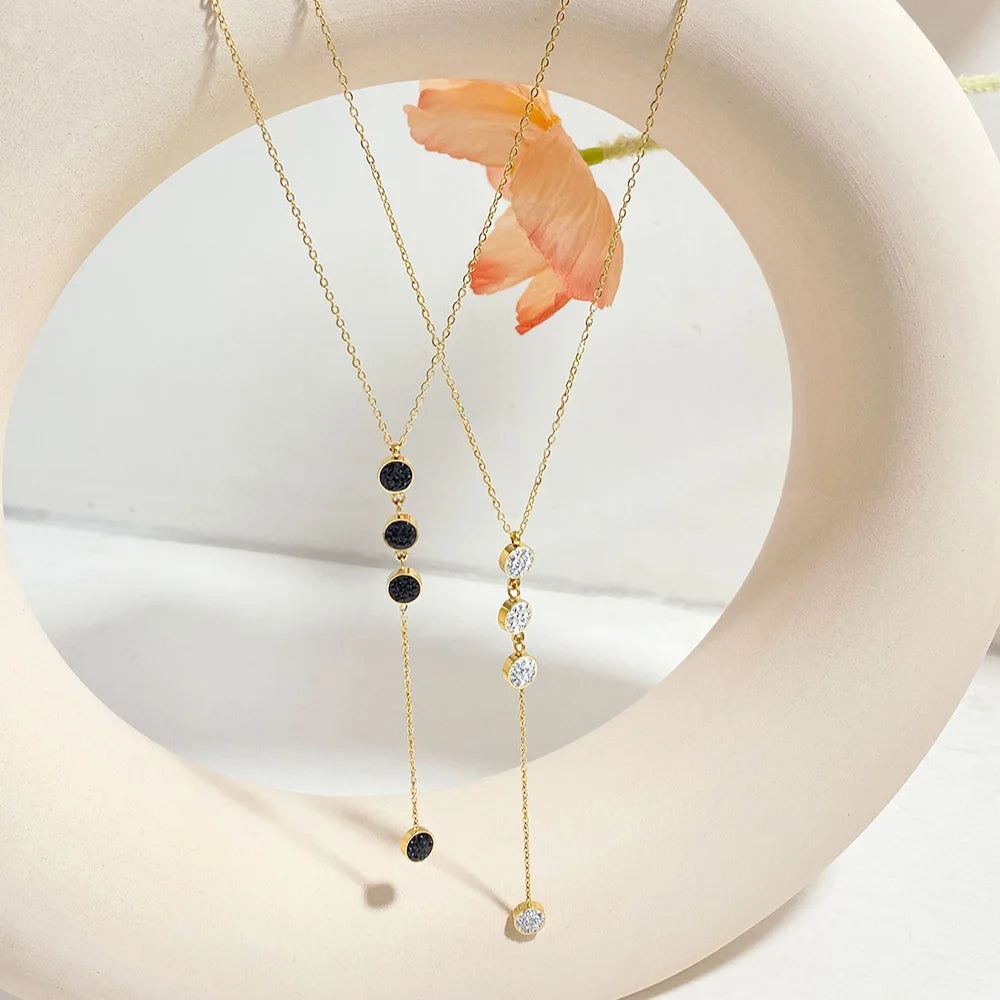 Popular 18K Gold-plated Women's Necklace Jewelry Stainless Steel Y-shaped Round Piece Inlaid Crystal Tassel Charm Necklace