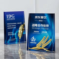 Full Color Printing Rectangle Crystal Glass Awards Plaque Trophy with Metal Wheat Stars MH-NJ0695