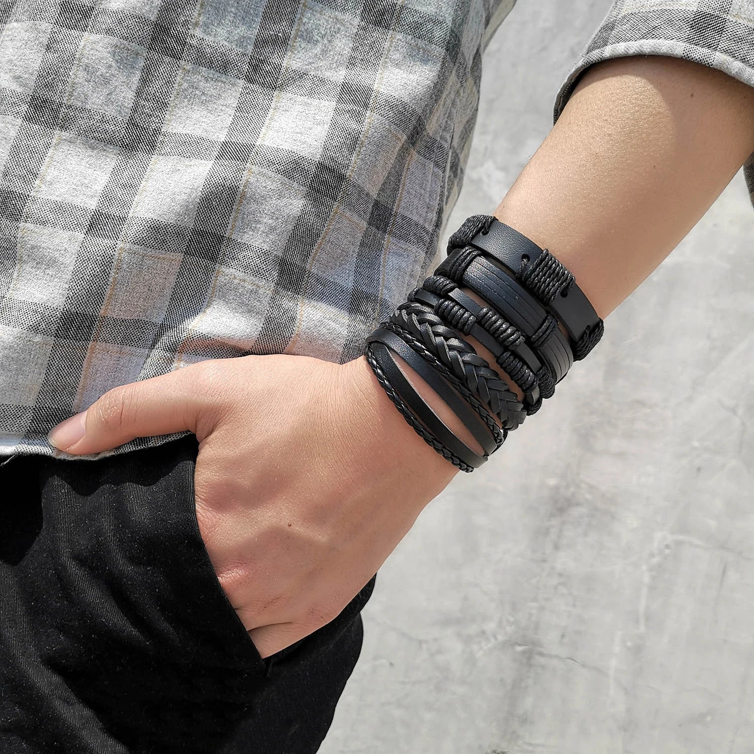 Punk Style Multilayer Mens Leather Bracelet Wooden Beads Leather Weave Wrap Bracelet for Men Thread Bracelet Cancer